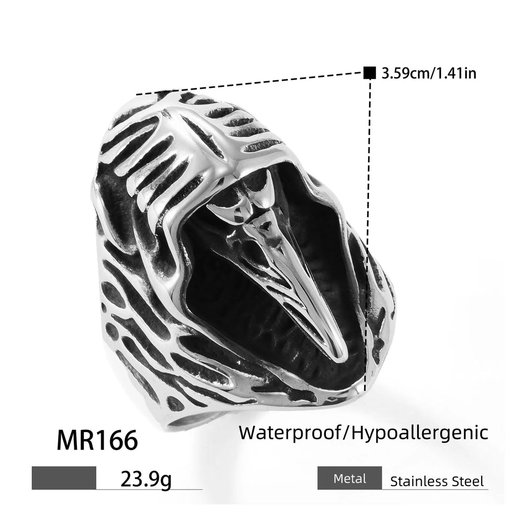 Titanium steel geometric crow punk ring in MR166 colour on a plain background.