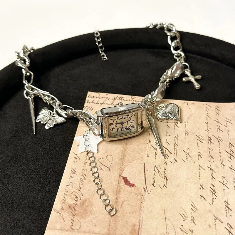 Dark multi-layer cross necklace with twin clavicle chain, adjustable 41-50cm length, alloy construction