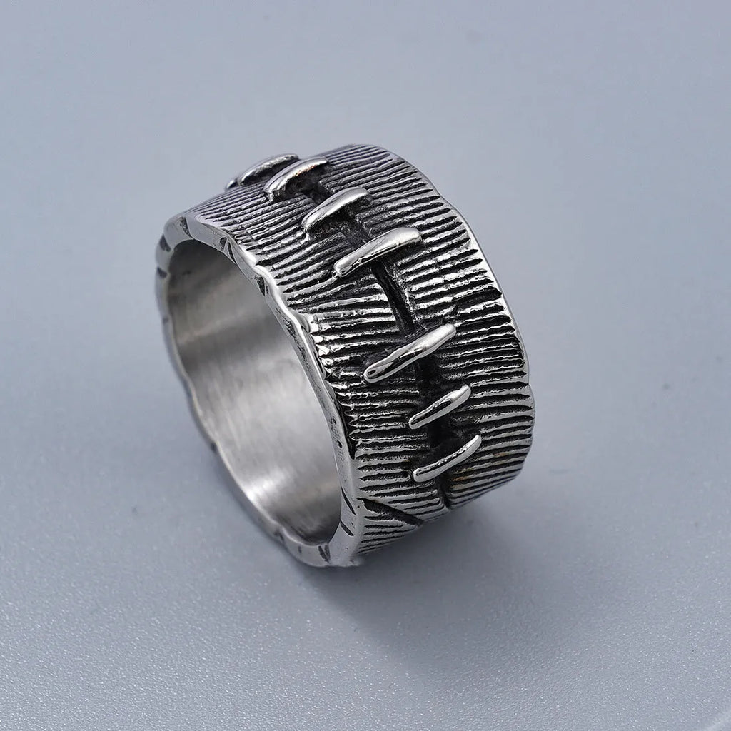 Geometric U-shaped titanium steel punk ring with double-ring construction in dark retro colour.