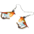 Blue titmouse pendant earrings printed on clear acrylic with animal geometry and snake design elements