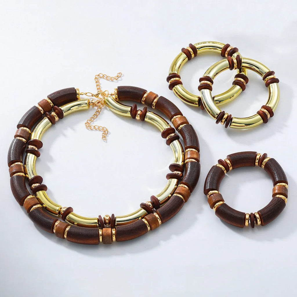 European exaggerated style multi-layer wooden necklace and bracelet set with alloy chain