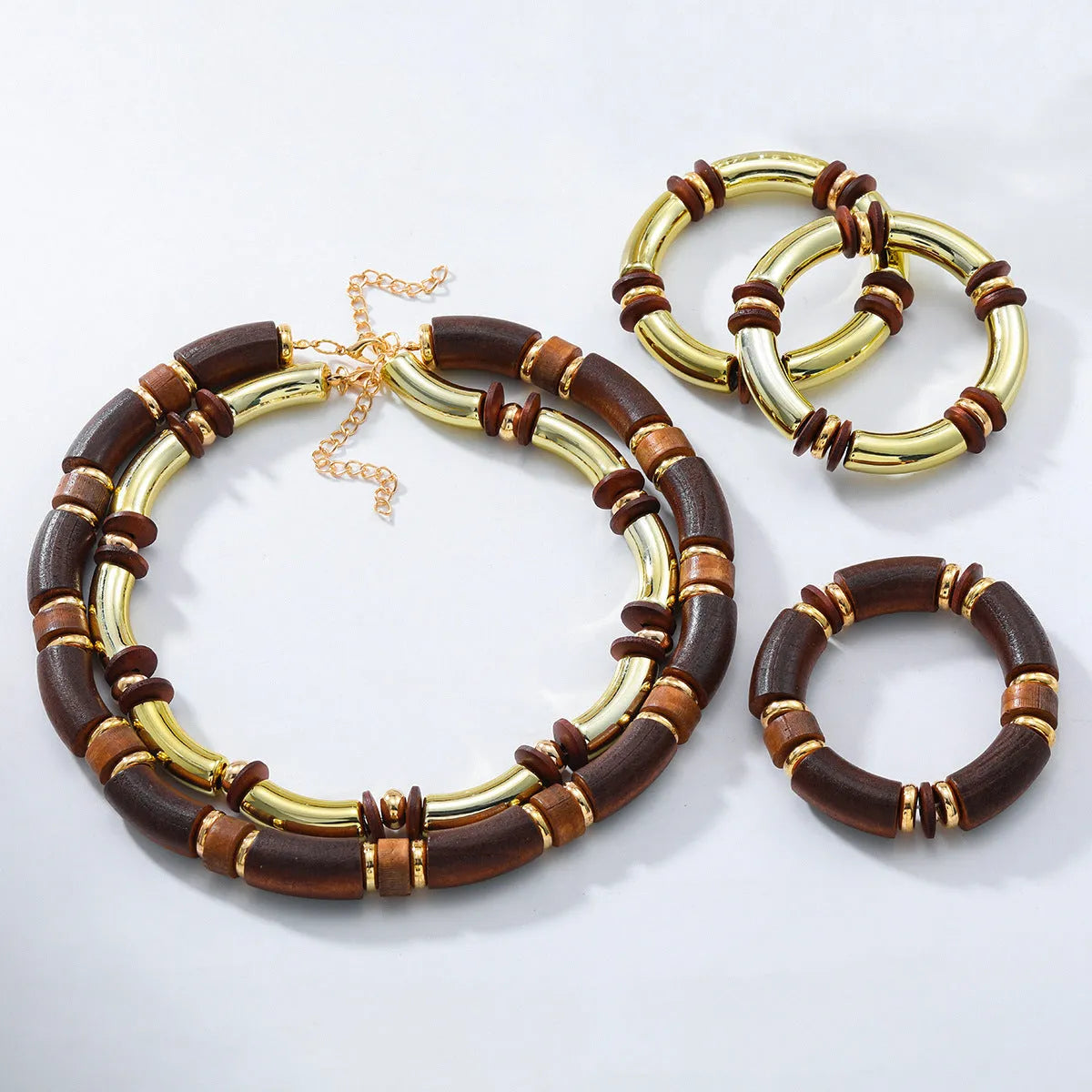 European exaggerated style multi-layer wooden necklace and bracelet set with alloy chain