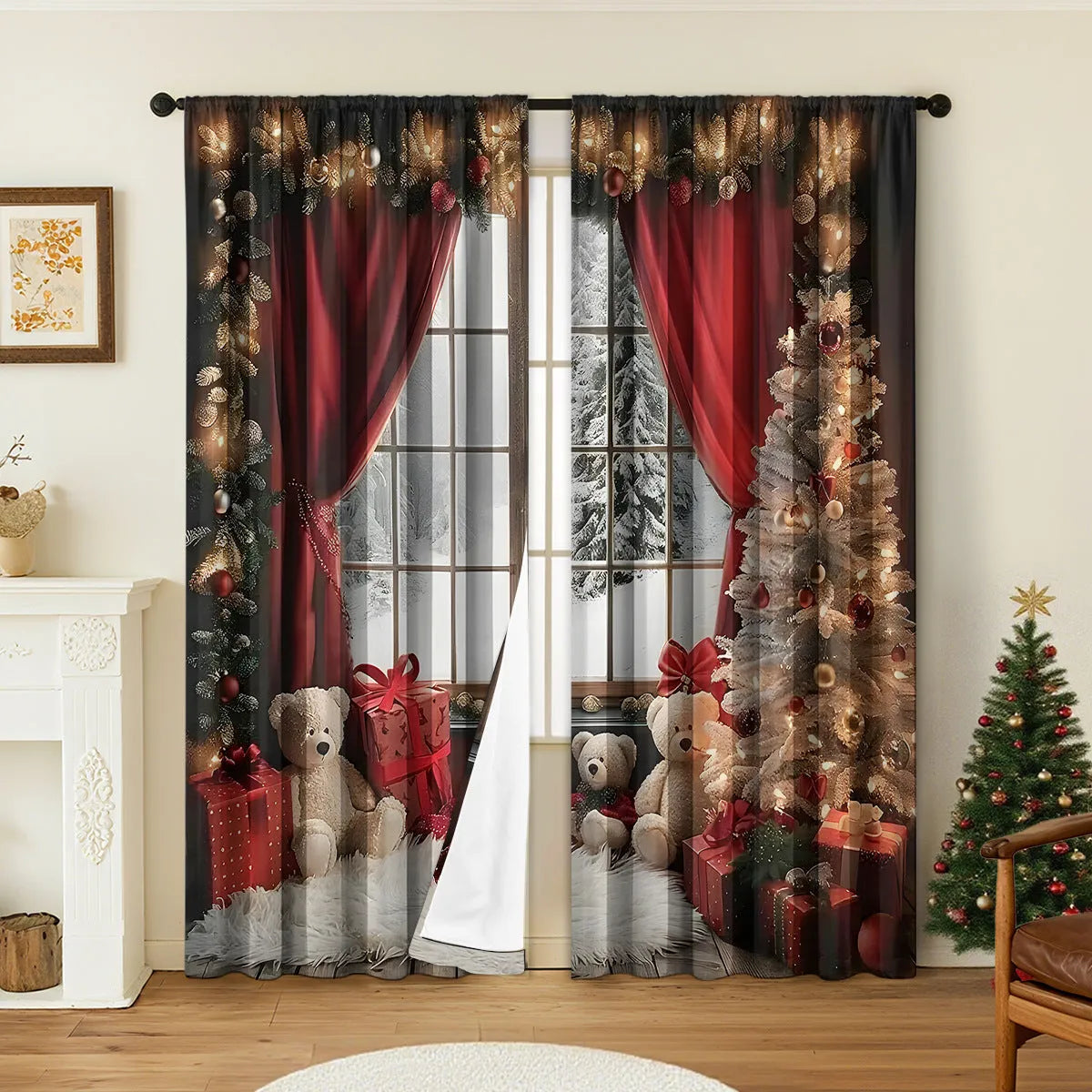 Pair of 3D digitally printed Christmas pattern polyester curtains hanging on a window.