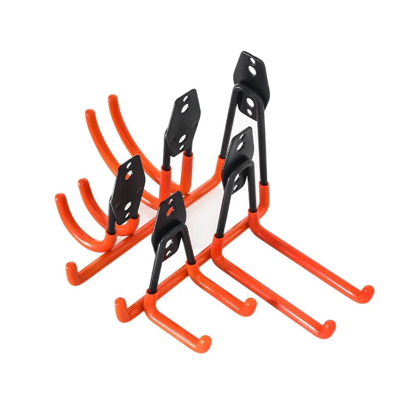 Bright orange carbon steel storage hooks for wire wrap board organisation, shown with mounting screws.