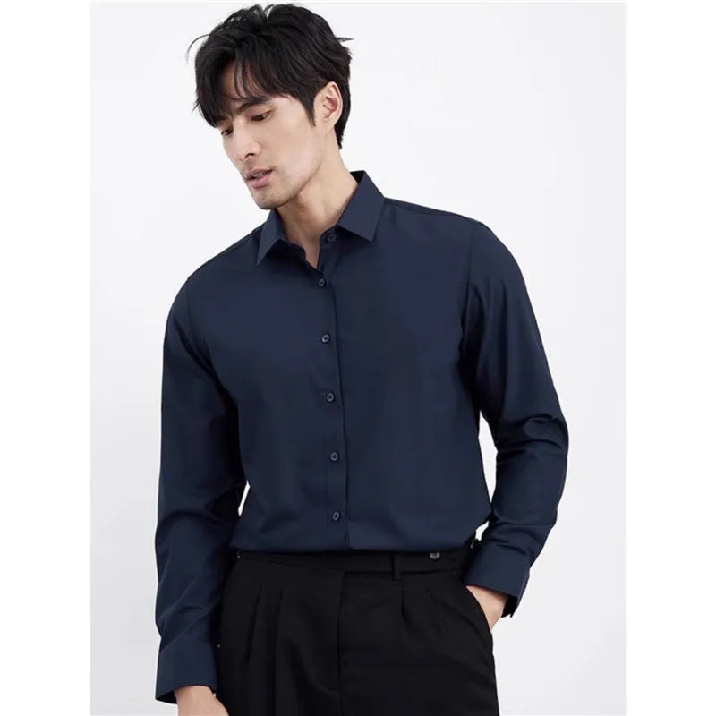 Men's wine red slim fit business casual shirt with long sleeves and non-iron fabric
