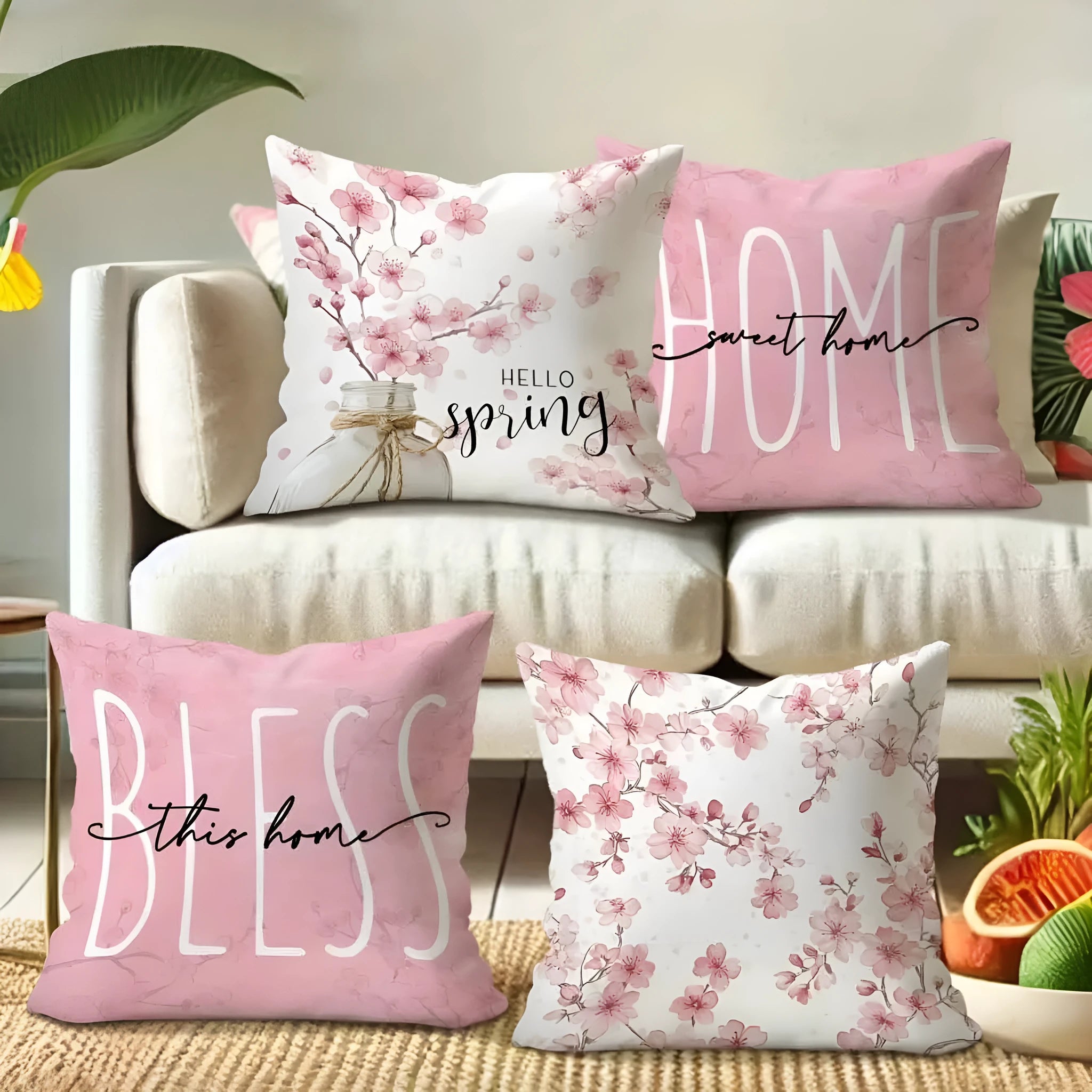 Square cherry blossom letter cushion cover in short velvet fabric, 45cm size