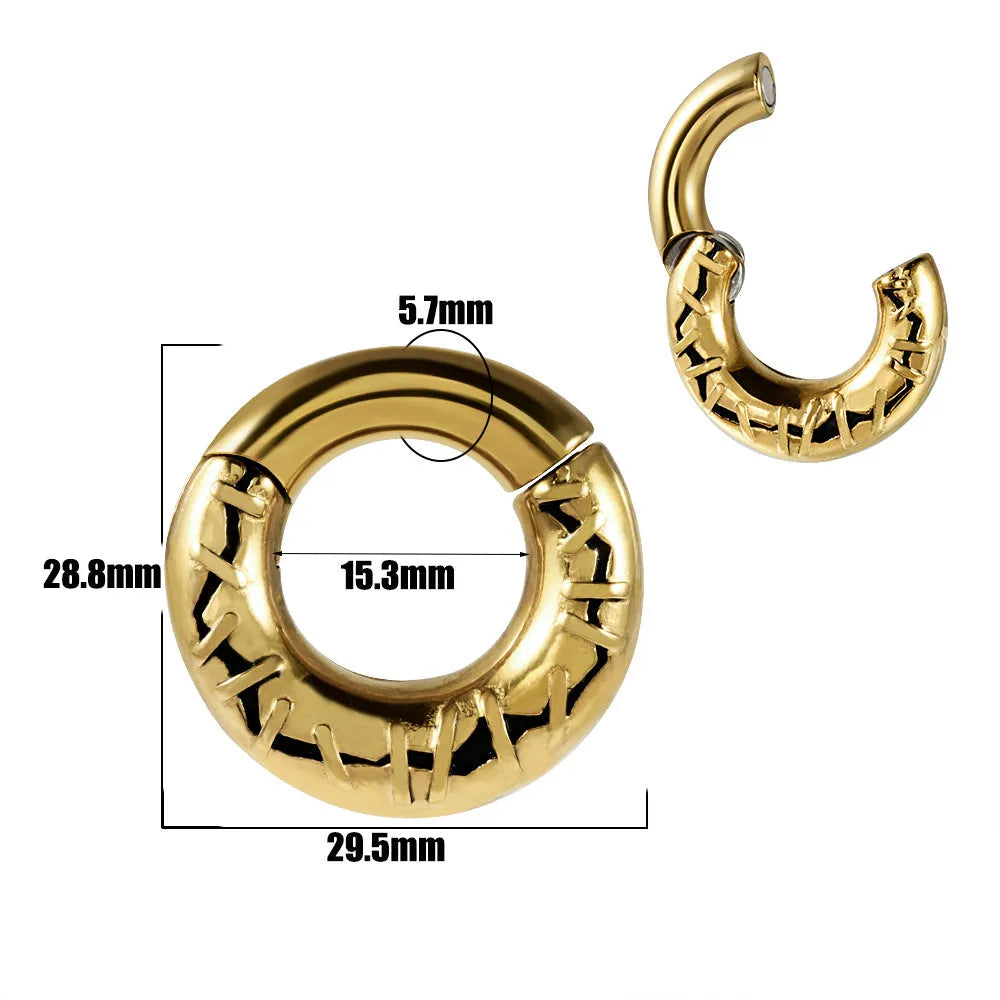 A pair of stainless steel fashion earrings featuring a detailed totem pattern, shown in one of fifteen available colour finishes.