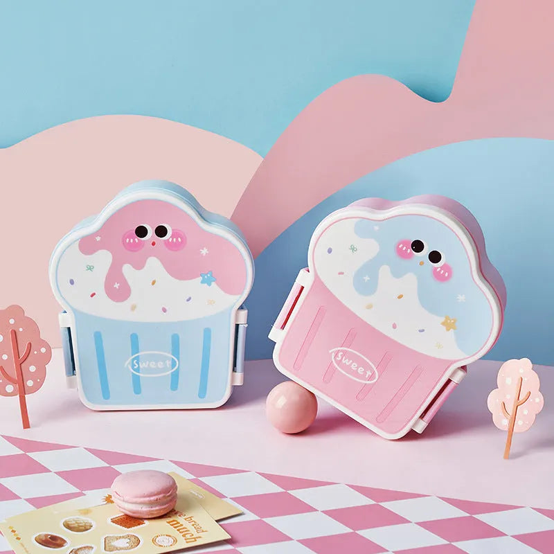 Creative ice cream shaped plastic lunch box with spoon and fork in blue or pink colour options