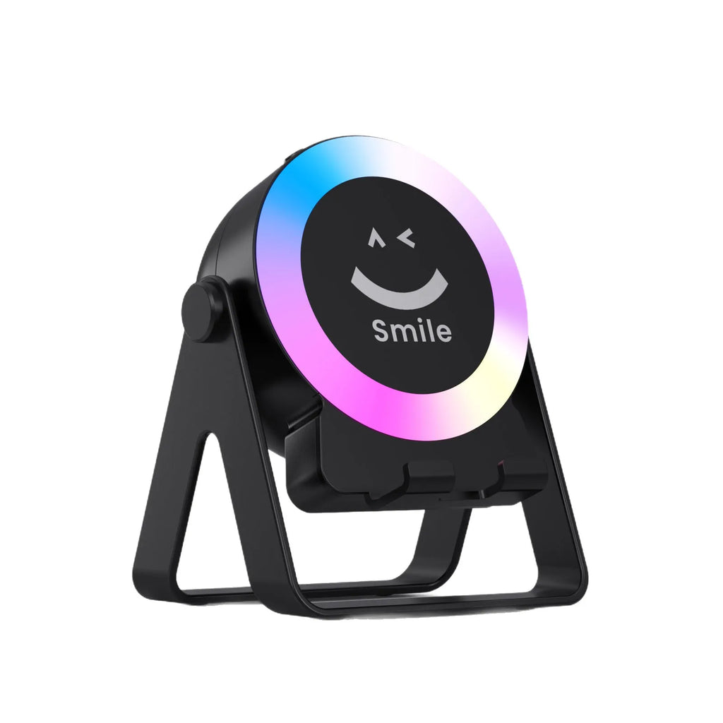 Black and white rechargeable Bluetooth speaker with induction bracket and colourful LED lighting