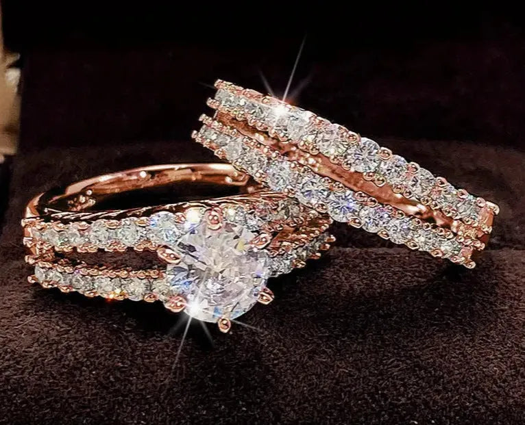 2-in-1 women's fashion ring set with fully set round stones in silver, gold, or rose gold finish