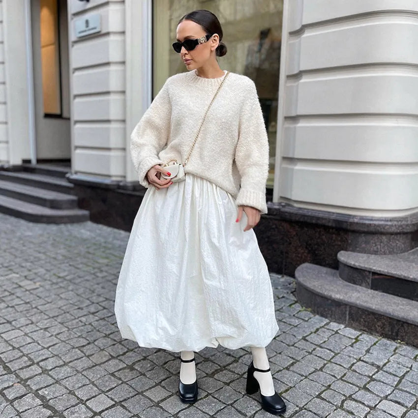 Women's cotton solid colour long skirt in black or white with inelastic construction