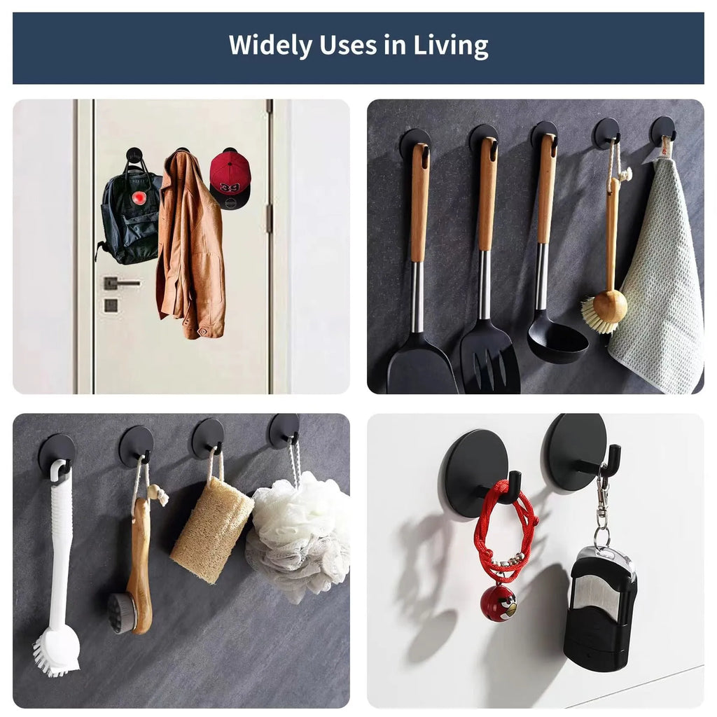 Round stainless steel self-adhesive hook in black and polished finishes for wall mounting.