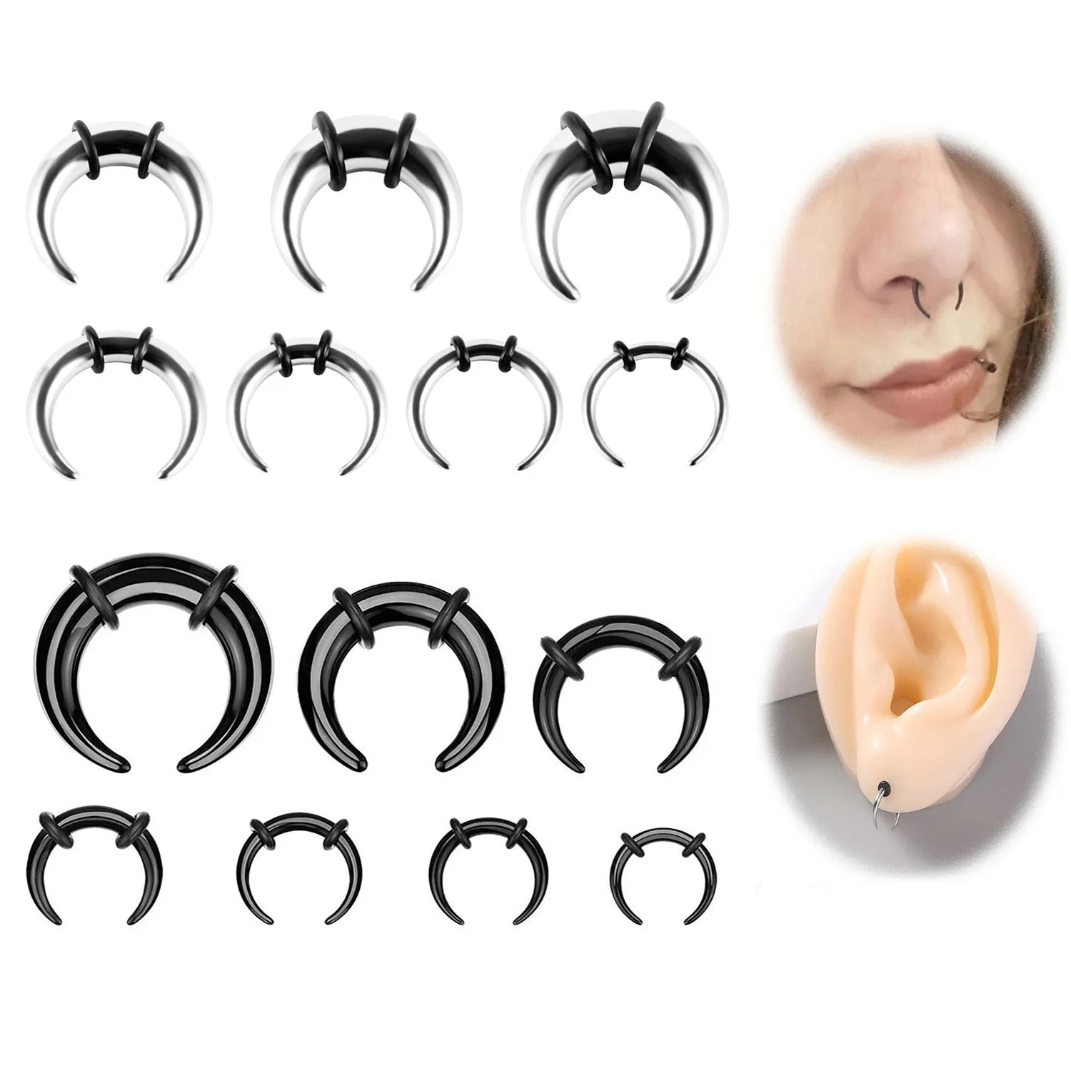 316 stainless steel C-shaped nose ring with buffalo horn detail in black and steel colour options