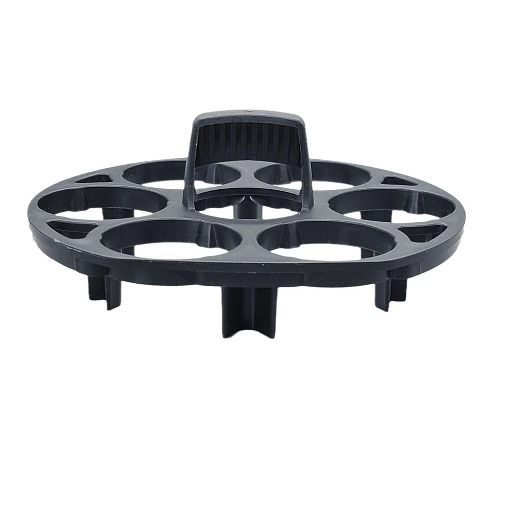 Black plastic egg holder basket measuring 13.8 by 12.6 by 5.7 centimetres
