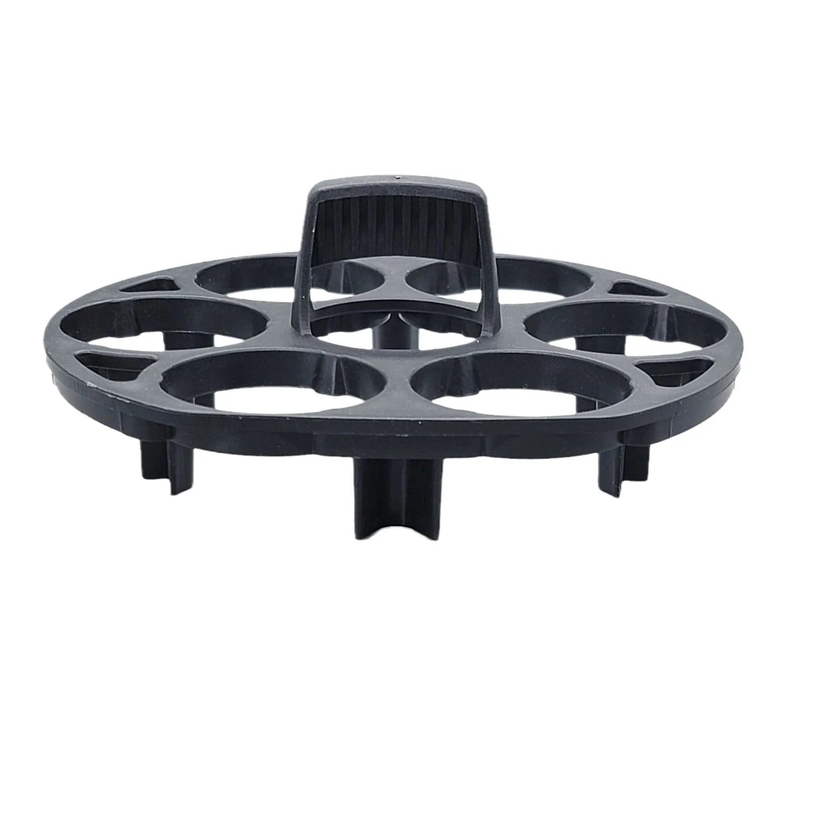 Black plastic egg holder basket measuring 13.8 by 12.6 by 5.7 centimetres