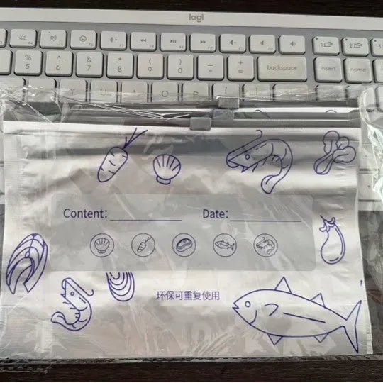 Set of aluminium foil sealed food storage bags and boxes in three different sizes on a kitchen counter.
