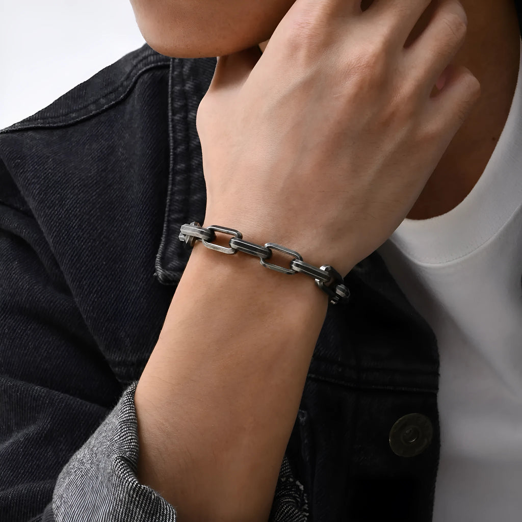 Men's simple square chain titanium steel bracelet in gold, black, steel, or retro colour.