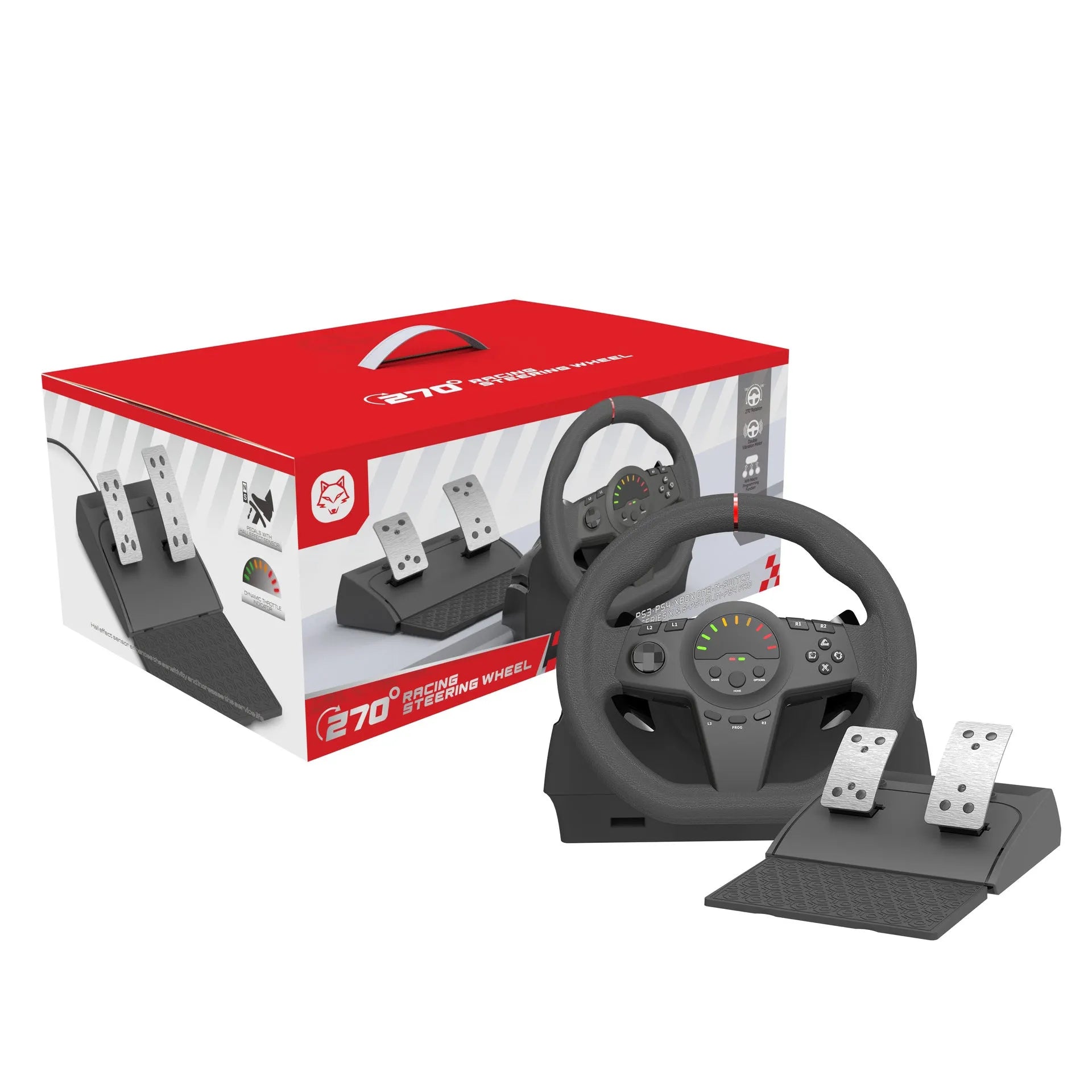 Black ABS and rubber multi-platform steering wheel and pedal set with LED display for PC and console racing games
