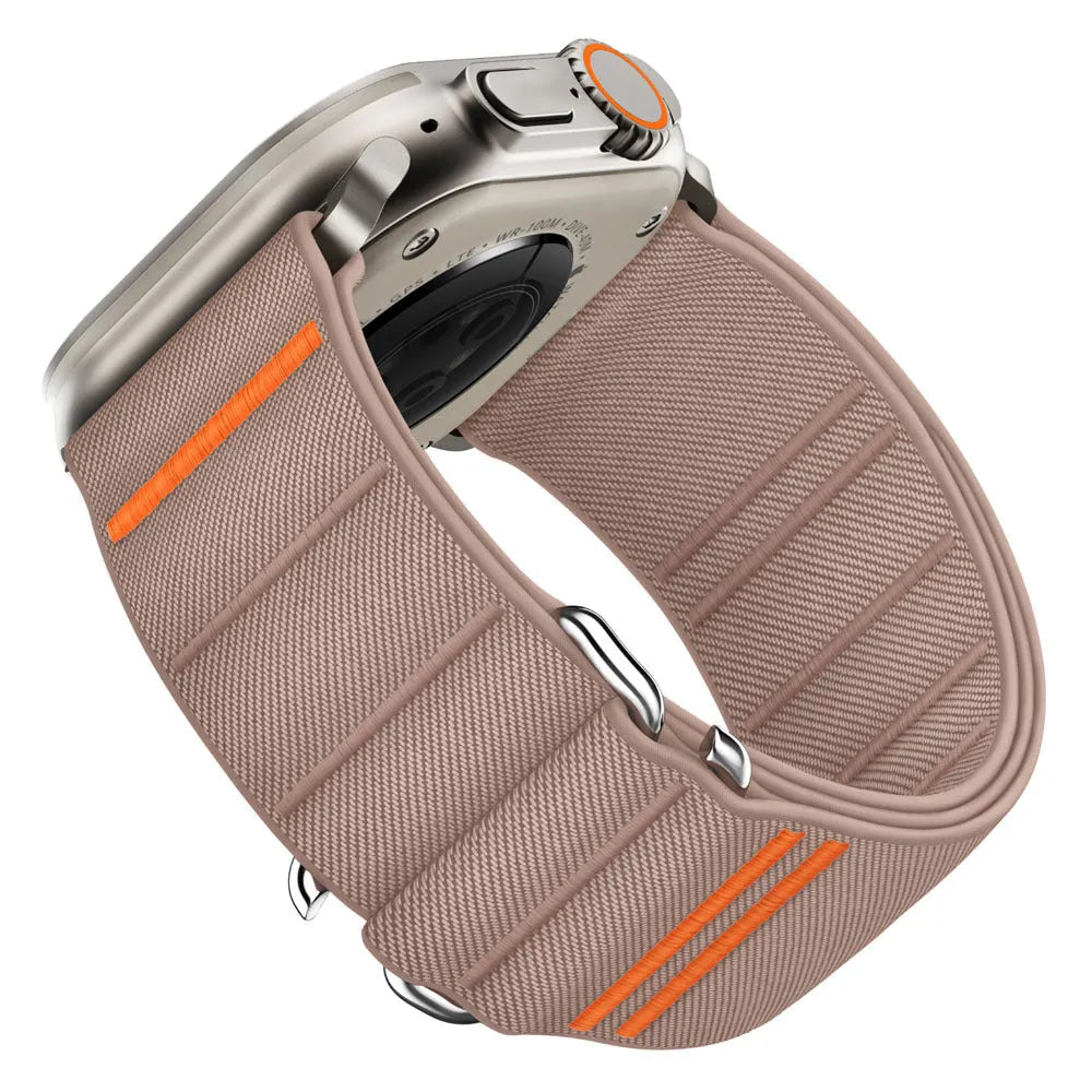 Elastic nylon watchband with stainless steel buckle for Apple Watch in multiple colour options.
