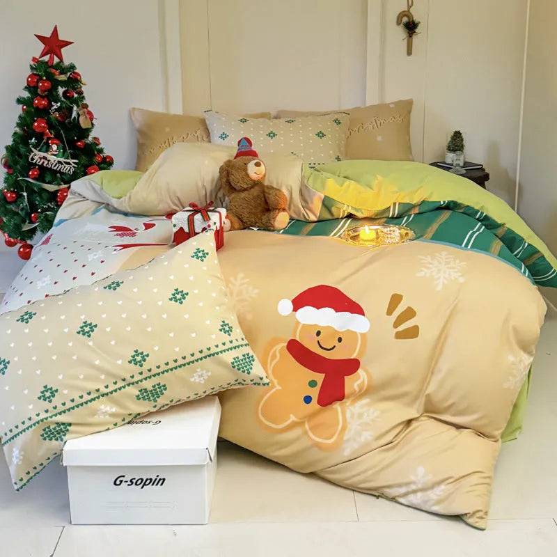 Super soft washed cotton Christmas bedding four-piece set with cartoon prints in multiple sizes