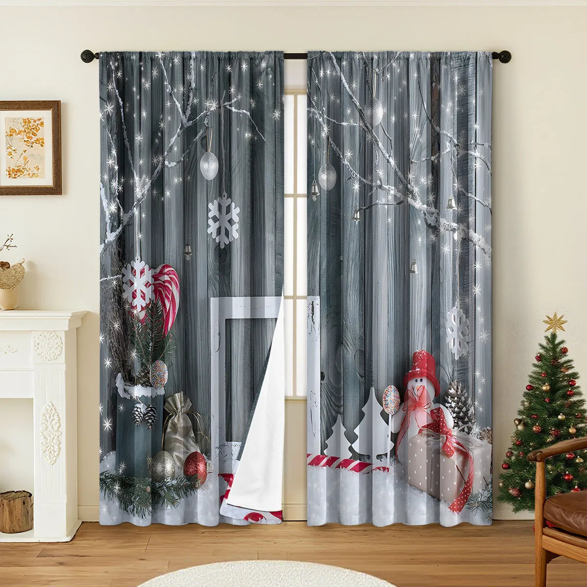 Pair of 3D digitally printed Christmas pattern polyester curtains hanging on a window.