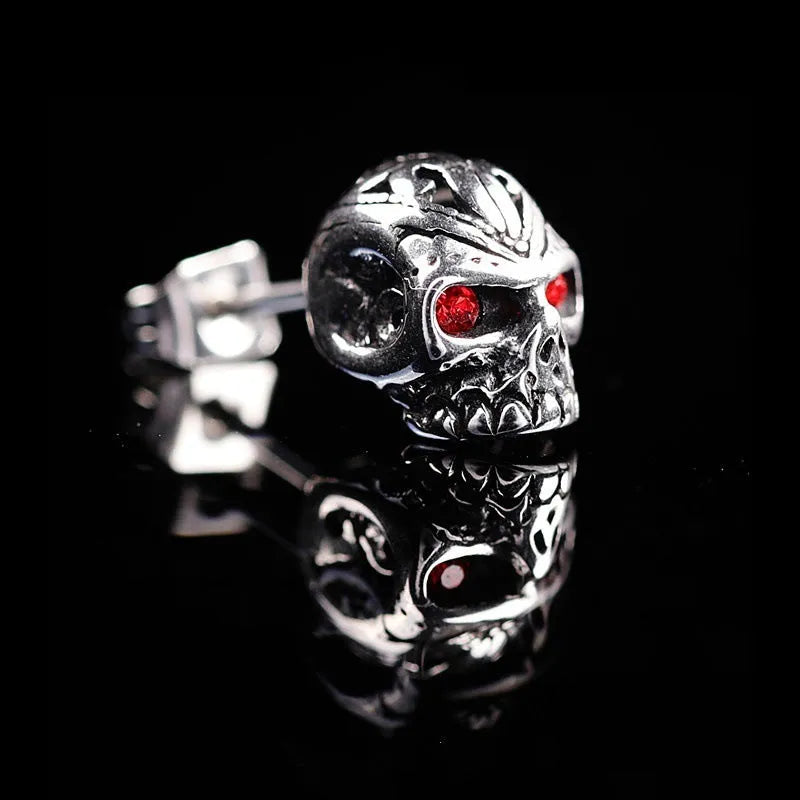 Retro skull stud earrings with red eye ghost head design and gemstone inlay