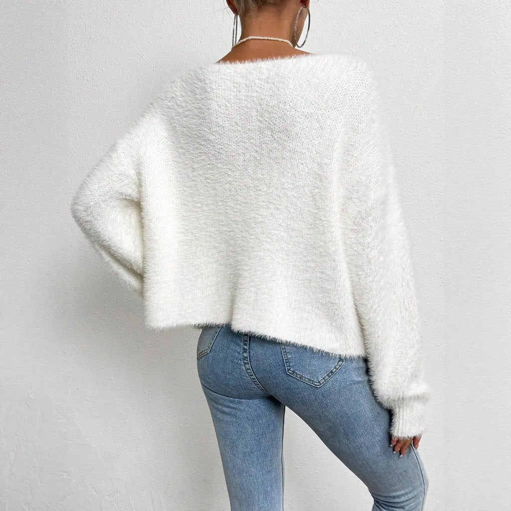 Women's white V-neck cardigan sweater with medium thickness and normal length