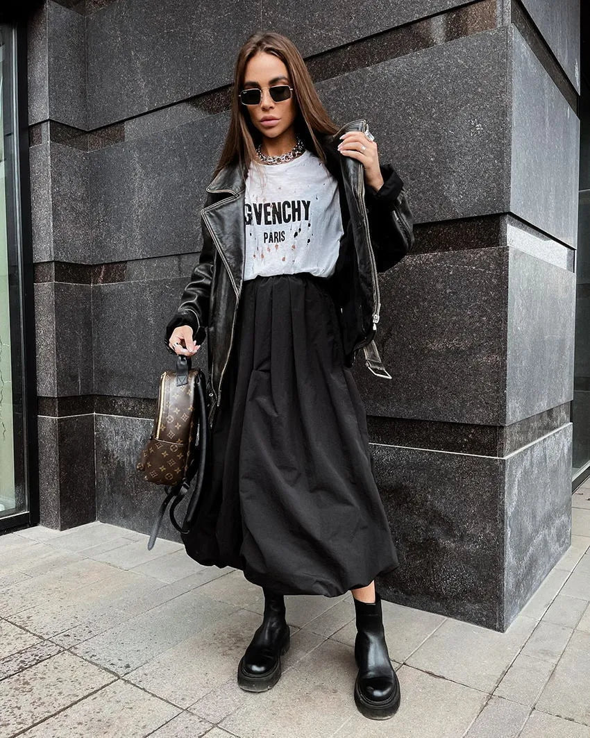 Women's cotton solid colour long skirt in black or white with inelastic construction