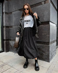 Women's cotton solid colour long skirt in black or white with inelastic construction