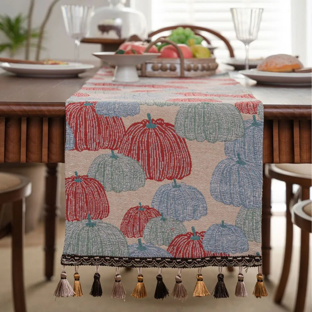 American-style jacquard table runner with long tassels, floral patterns, available in multiple colours and sizes