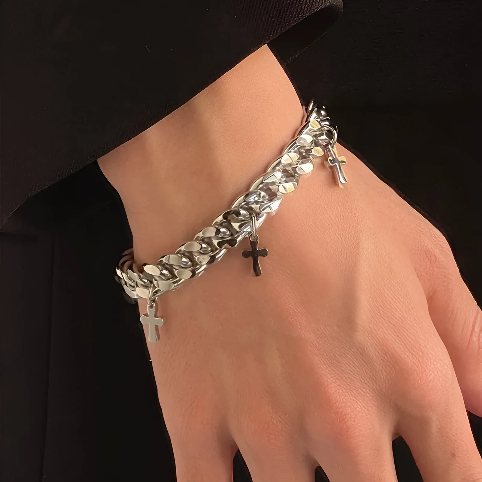 Men's titanium steel bracelet with geometric cross design in cold wind style