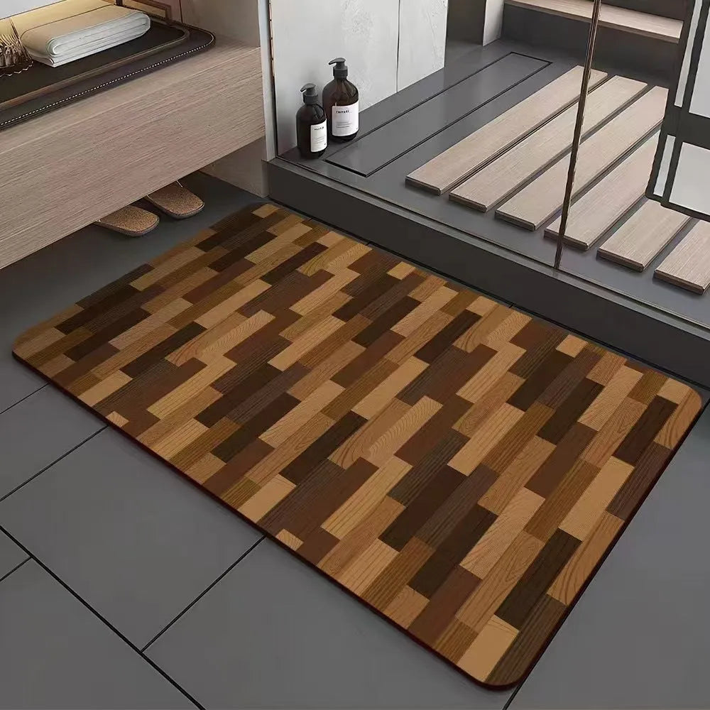 American wood grain pattern diatom mud washroom door mat with geometric design and non-slip surface