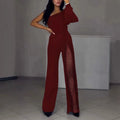 Women's oblique shoulder jumpsuit with high leg slit in polyester fabric for autumn winter wear
