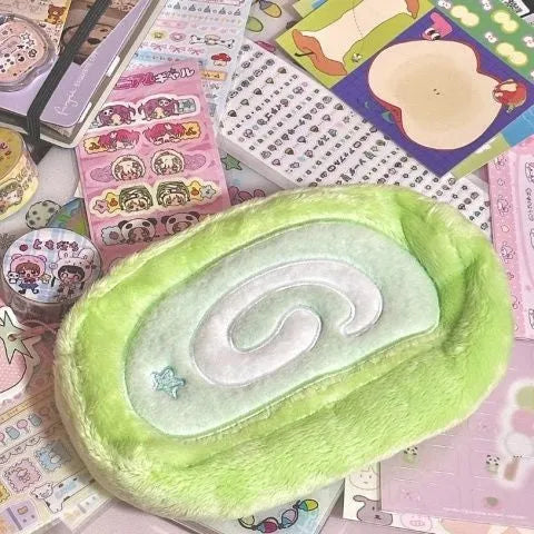 Swiss roll cake design velvet pencil case in Korean style with plush polyester fabric