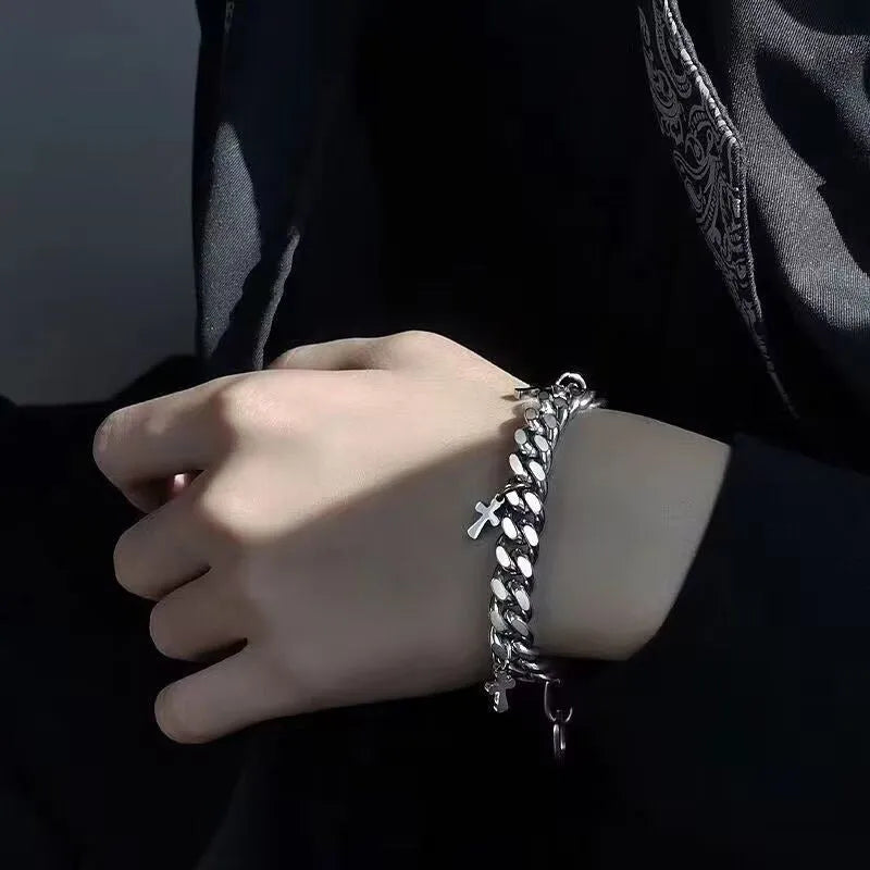 Men's titanium steel bracelet with geometric cross design in cold wind style