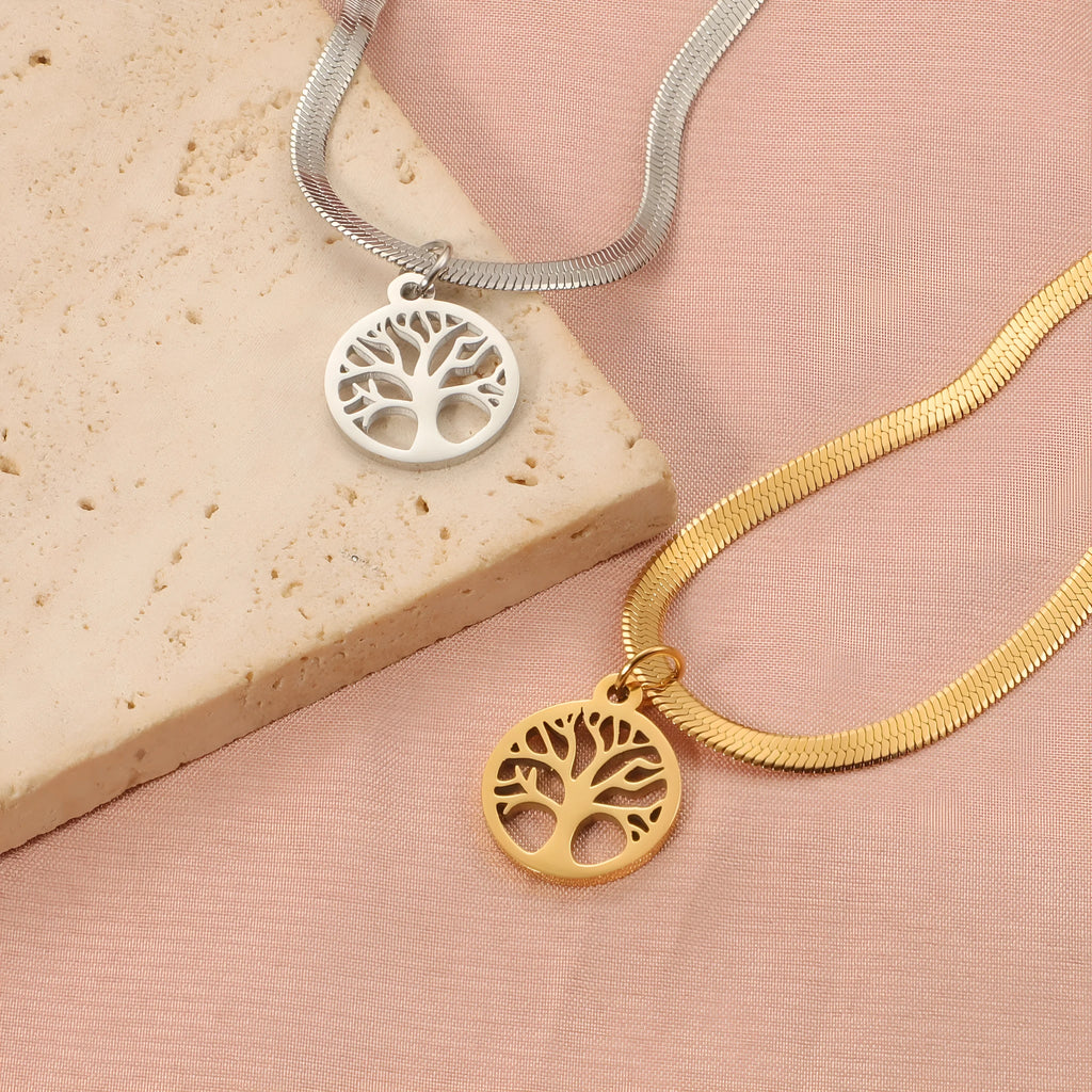 Stainless steel necklace with tree pendant on snake bone chain in gold colour option