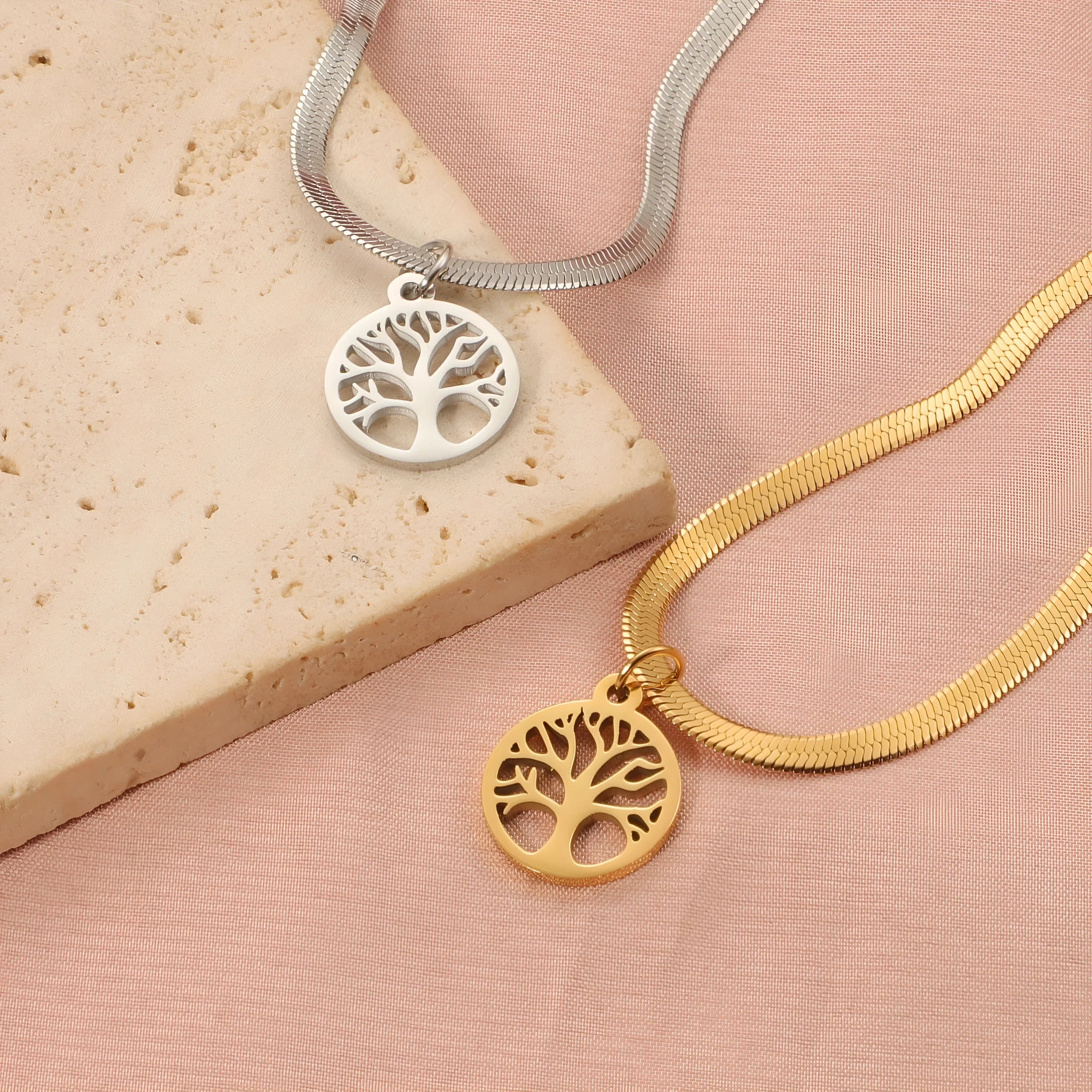 Stainless steel necklace with tree pendant on snake bone chain in gold colour option