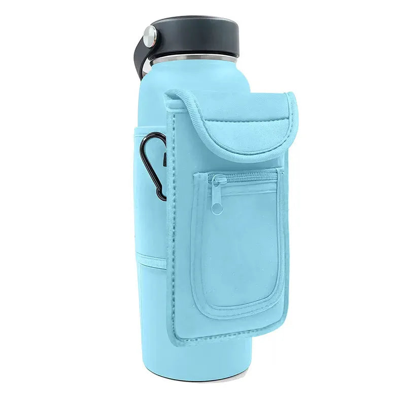 Cloth water bottle sleeve with magnetic closure in rose red colour for outdoor sports.