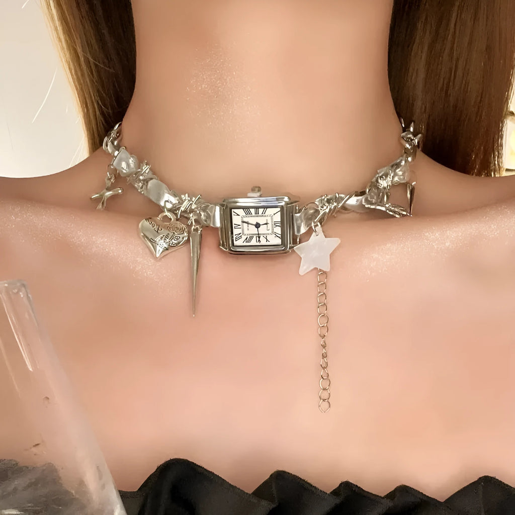 Dark multi-layer cross necklace with twin clavicle chain, adjustable 41-50cm length, alloy construction