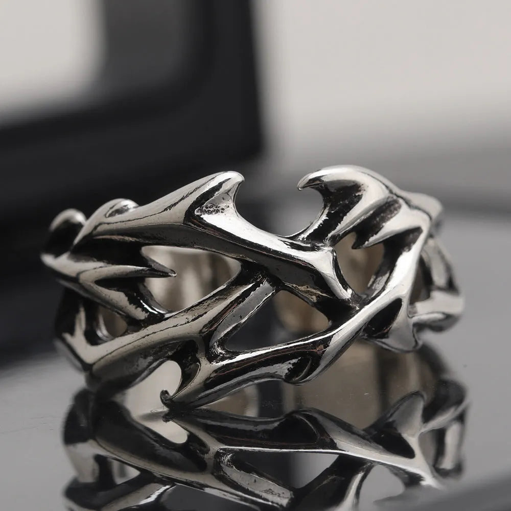 Copper mens ring with geometric thorn flower pattern and adjustable opening mechanism