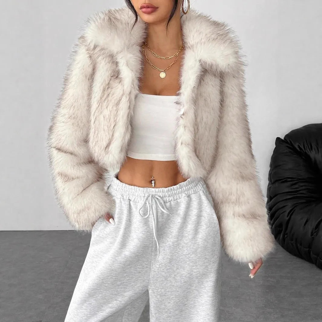 Artificial fox fur coat with fur collar in multiple colour options showing plush texture and winter styling