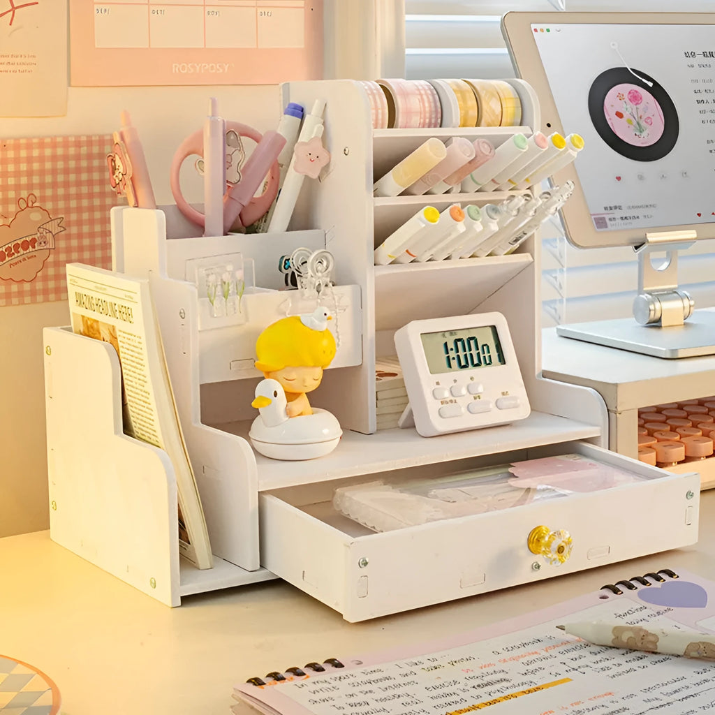 Square plastic pen organiser storage box with multiple oblique insertion grid compartments on a desk.