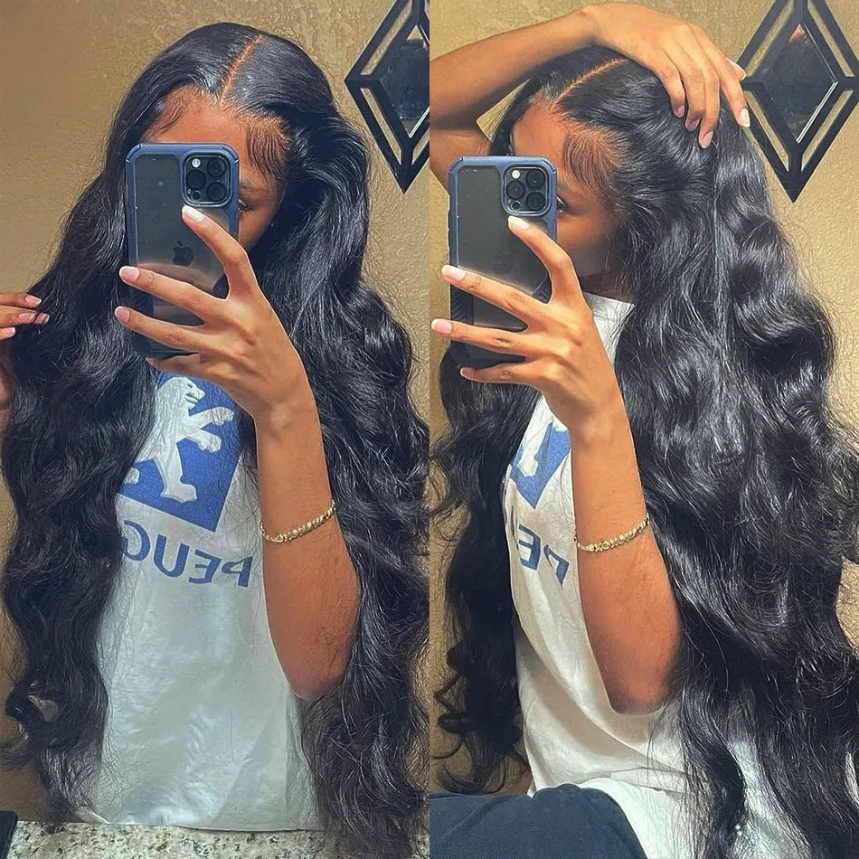 Black synthetic front lace wig with long curly hair and side bangs, shown on a model.
