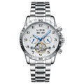 Men's silver automatic perpetual calendar watch with stainless steel strap