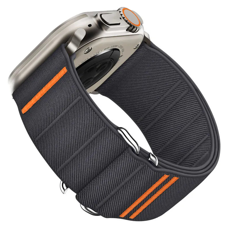 Elastic nylon watchband with stainless steel buckle for Apple Watch in multiple colour options.