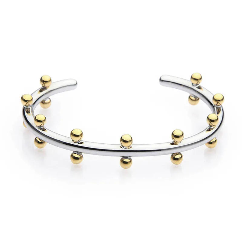 Stainless steel C-shaped beads with rivet texture in gold, steel, and steel gold colours for jewellery making.
