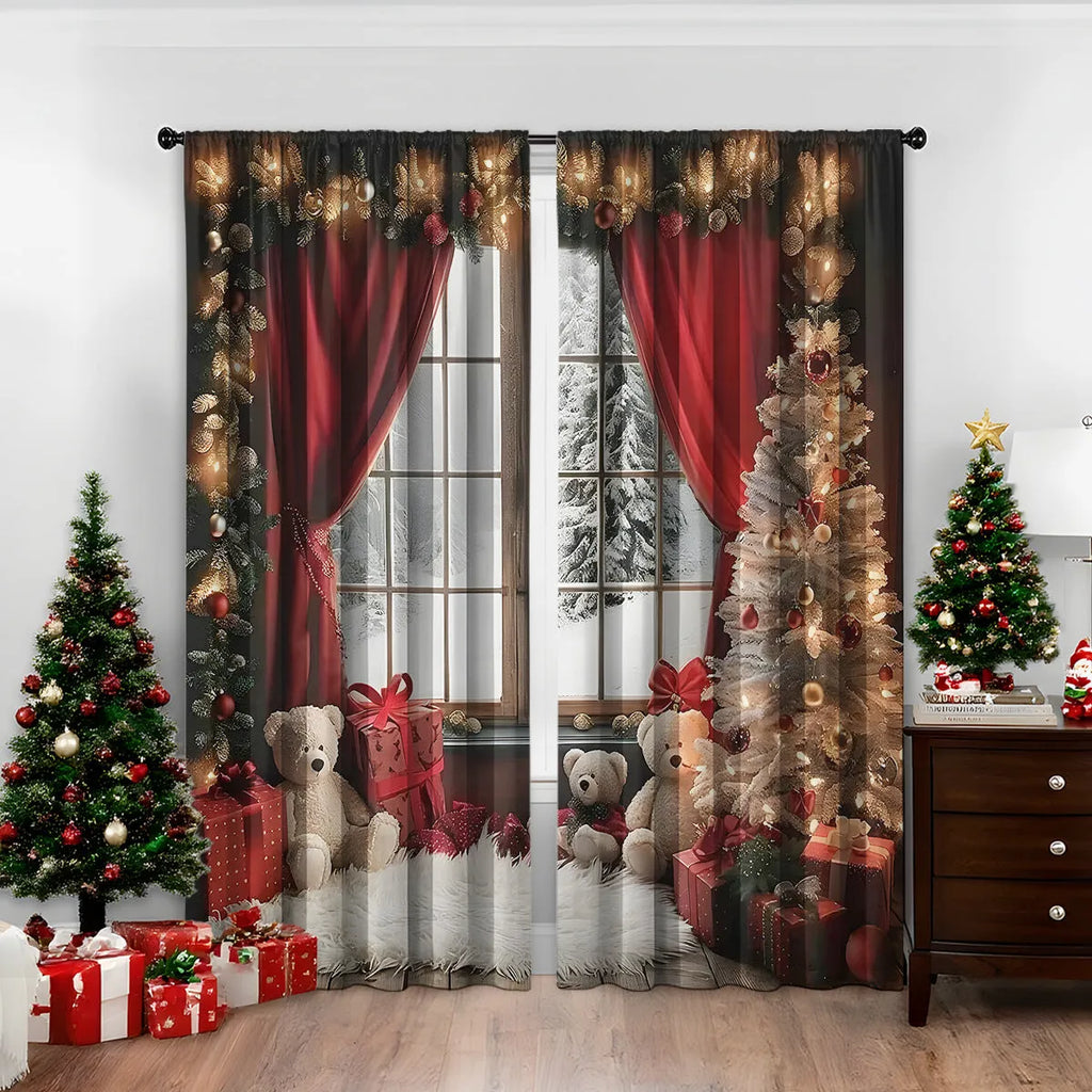 Pair of 3D digitally printed Christmas pattern polyester curtains hanging on a window.