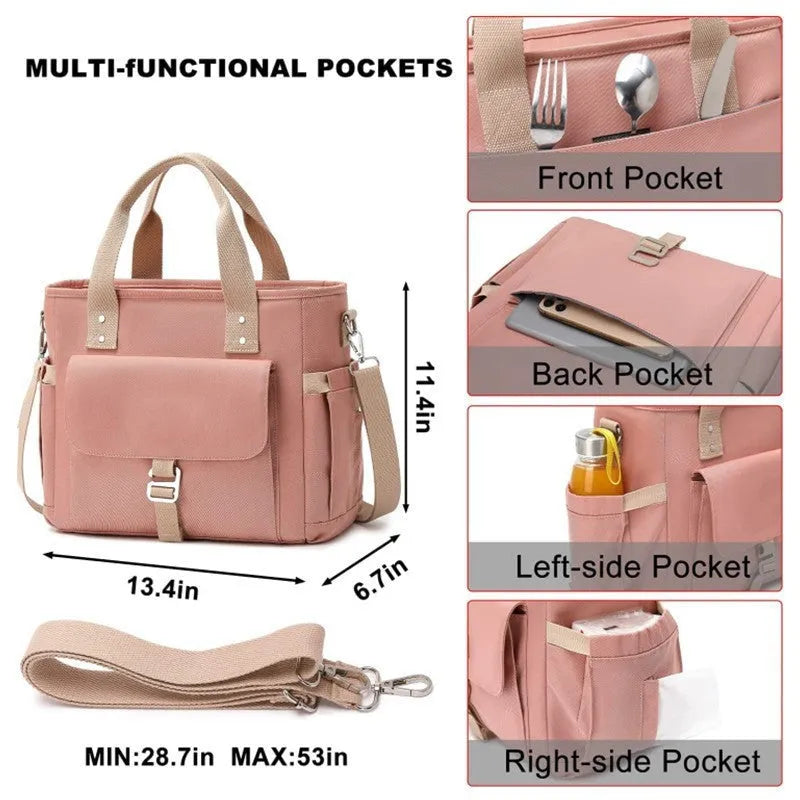 Portable cube-shaped thermal picnic bag with a removable shoulder strap and side pocket.
