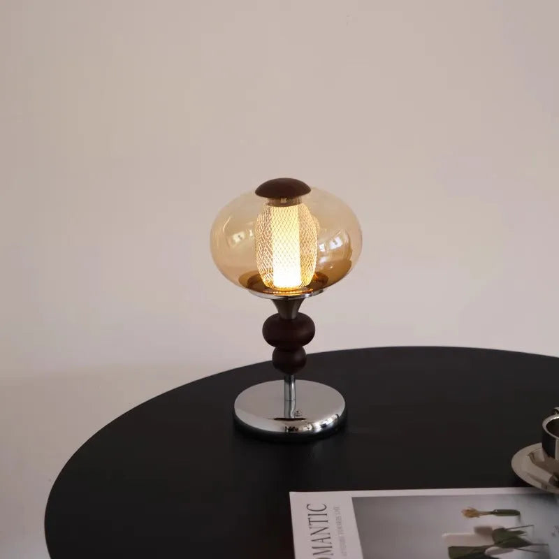 Solid wood retro palace table lamp with USB cable and touch controls on desk.