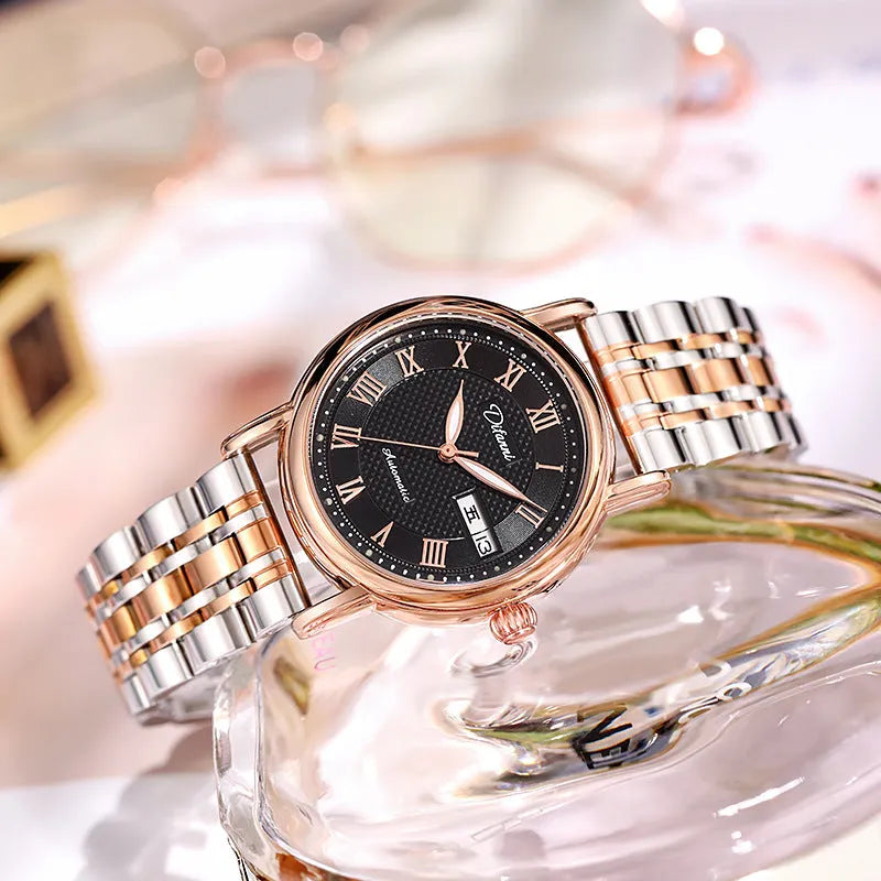 Women's automatic mechanical watch with stainless steel bracelet and white dial face